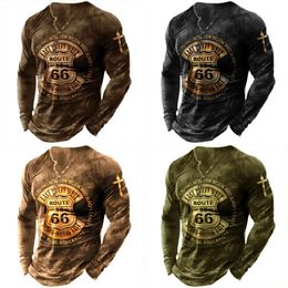 Tshirt Vintage for Men Cotton Tee Route 66 Graphic T Shirts 3D Printing Long Sleeve Tees Vneck Oversized Mens Clothing Tops 240219 s s ops