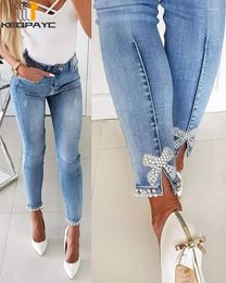 Women's Jeans 2024 Women High Waist Stretch Cute Bow Beading Fashion Skinny Denim Pencil Pants Elegant Simple Washed Slim