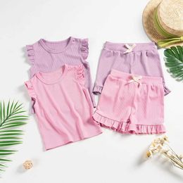 Clothing Sets Baby Girls Clothes 2pcs Summer Outfits Suits for Kids Ruffle Sleeve T-shirt and Shorts Children H240423