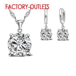 Necklaces 925 Sterling Silver Needle Jewelry Sets 4 Claws Cubic Zirconia CZ Pendant Necklace Earring Fashion Women Jewelry Set For Wedding