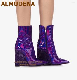 Boots ALMUDENA Purple Crystal Wedge Heel Ankle Hologram Iridescent Mirror Leather Patchwork Booties Bling Wedding Shoes