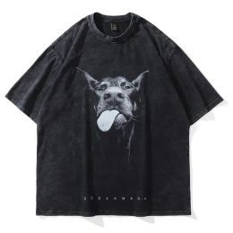 Hubs 2023 Men Gothic Tshirts Hip Hop Streetwear Letter Dog Printed Punk Tops Summer Vintage Washed Oversized Short Sleeve T Shirts