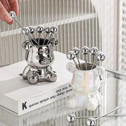Forks Light Luxury Fruit Set Small Stainless Steel Dessert With Holder Ceramic Bear Jar For And Spoons