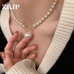 Necklaces Elegant White Imitation Pearl Beads Necklace for Womens Crystal Heart Shell Pendant Sweet Wedding Party Jewellery Y2k Accessories