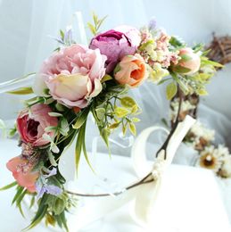Bridal flowers wreath boutique girls simulation stereo rose princess flowers crown children ribbon Bows beach holiday hairbands YA1546607