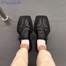 Dress Shoes Punk Gothic Style Small Leather Female Niche Design Square Head Front Lace Up Hundred Personality Retro Single