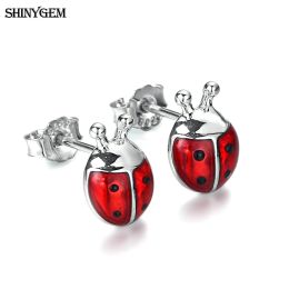 Earrings Trendy 2020 9mm Cute Delicate Red/Pink Beetle Ladybug Stud Earrings For Women Girl Date Beautiful 925 Silver Jewellery Gift