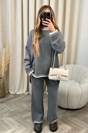 Women's Sleepwear Stripe Knit Two Piece Set Women Casual Split O-neck Long Sleeve Sweater High Waist Pants Sets Female Loose Winter Lady