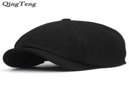 Solid Black Vintage Men Berets Caps Wool Beret Hat French Peaked Caps Female Casual Newsboy Cap Wool Ivy Boinas Pumpkin Hats7252785