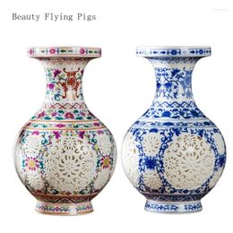 Vases Jingdezhen Pink Blue And White Porcelain Hollow Small Vase Crafts Living Room Flower Arrangement Bo Gu Shelf Decoration