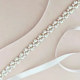 Belts JLZXSY Handmade Thin Pearl Beaded Satin Ribbon Back Tie Wedding Dress Belt Bride Sashes For Bridesmaids Gown