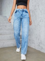 Women's Jeans GILIPUR Classic Casual Loose Baggy Fit High Waist Solid Straight Wide Leg Blue Overalls With Little Hole Trousers