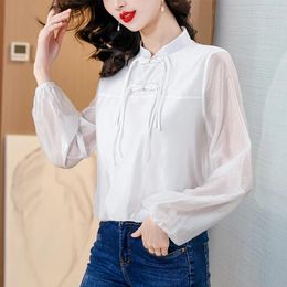 Women's T Shirts 2024 Chinese Style Pan Button Cotton Long Sleeved Shirt For Loose Large Standing Neck Lantern Sleeve T-shirt Top