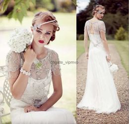 Boho Wedding Dress Great Gatsby Luxury Crystals Beaded Bridal Gowns 2023 A-Line Cap Sleeve Ivory Vintage Country Beach Bride Dresses Sexy Illusion Back Vestidos