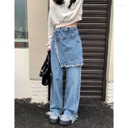 Women's Jeans Deeptown Baggy Patchwork Woman Korean Vintage Wide Leg Skirt Over Denim Pants Y2k High Waisted Straight Trousers Coquette