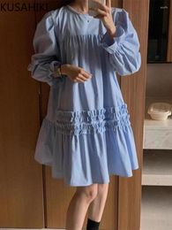 Casual Dresses KUSAHIKI Korean Chic Spring Round Neck Wooden Ear Edge Patched Causal Flare Sleeves Dress For Women 2024 Sweet