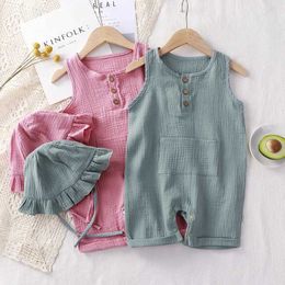 Rompers 2Pcs/Set Baby Summer Clothing Solid Newborn Infant Romper With Hat Muslin Cotton Sleeveless Boys Girls Jumpsuit Outfits H240423