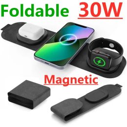 Chargers 30W 3 in 1 Magnetic Wireless Charger Pad Foldable Fast Charging Dock Station for iPhone 13 12 11 X Max iWatch 6 7 AirPods Pro