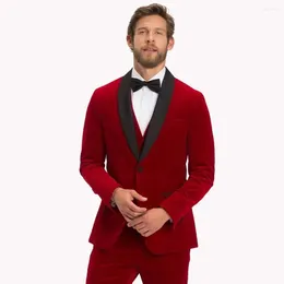 Men's Suits 2024 Red Notch Lapel Velvet Formal Wedding Suit For Men Groom Tuxedo Prom Blazers Hombre High Quality 3 Piece Set Costume Homme