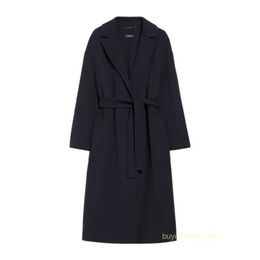Women's Coat Cashmere Coat Luxury Coat Maxmaras Womens Black Pure Wool Fabric Lapel With Waistband Autumn/winter Long Robe Style Coat