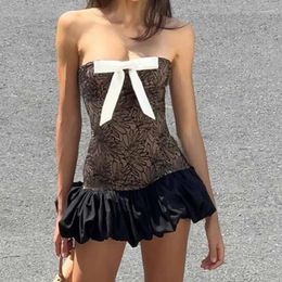 Casual Dresses Women Bowknot Decor Tube Dress Sexy Off Shoulder Strapless Lace Bubble Hem Summer Backless Wrap Bodycon Mini Party