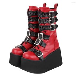 Boots Fashion Handmade Women Motorcycle Cool Punk Lady Dark Style Shoes Woman Gothic High Heels Pumps Straps Wine Red 33-47