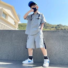 Clothing Sets 2024 Korean Summer Junior Boy Tracksuit Teenager Casual Short Sleeved Shirt Striped Shorts School 2PCS Clothes Set