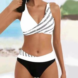 Women's Swimwear Split Swimsuit Stripes Print Sexy Diamonds Gather Bikini Swimsuits For Women High Waist Beachwear Tankini