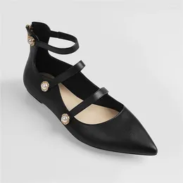 Casual Shoes Richealnana Woman Pointed Toe Black Flats Cross Strap Pumps Pearl Back Zipper Ladies Elegant Fashion Spring Summer