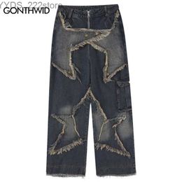 Women's Jeans Retro Goods Jeans Y2K Hip Hop Retro Embroidery Star Patch Bag Denim Pants Street Clothing Mens Harajuku Straight Loose Jeans Blue yq240423