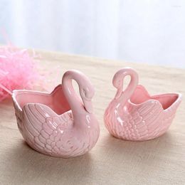 Decorative Figurines Ceramic Pink White Swan Flower Pot Multi-function Candlestick Ornaments Candy Jewellery Storage Box Home Decoration