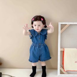 Clothing Sets 2023 Summer New Girls Sleeveless Clothes Set Baby Peter Pan Collar Denim Tops + Shorts 2pcs Suit Toddler Girl Outfits H240423