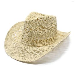 Berets Unisex Hand Woven Straw Hat Summer Retro Western Cowboy Hollow Out Denim Sunscreen Cap Beach Sunhat Buckle Decor Accessories