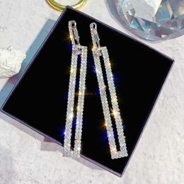 Dangle Chandelier Fashion Long Geometric Drop Earrings Luxury Gold Silver Color Rectangle Rhinestone Earring for Women Party Jewelry Gift d240323