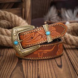 Waist Chain Belts Western Cowboy Leather Buckle Belts Horse Pattern Floral Engraved Buckle Belt for Men Women Y240422