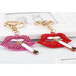 Other Home Decor 2021 Fashion Sexy Rose Red Lip Crystal Cigarette Keychain Charm Pendant Rhinestone Car Purse Handbag Key Chain Ring Dhn2Q