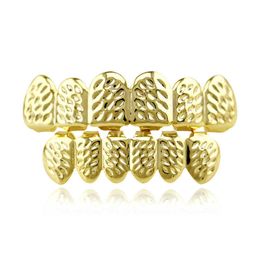 Engraved pattern metal hip-hop braces 18k gold-plated 6-tooth vampire dentures Halloween Jewellery accessories
