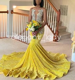 Yellow Sparkly Mermaid Prom Reception Party Dresses for Black Girl Luxury Crystal Gillter Long Evening Birthday Gala Gown Sheer