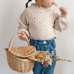 Sweaters INS Baby Girls Clothing Knitted Lace Hollowed Out Sweater Top Lone Sleeve White/Yellow Princess Kids Jumpers 100% Cotton Outwear