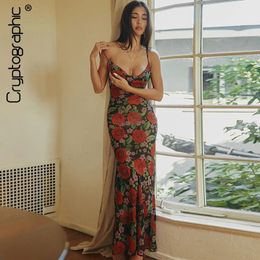 Cryptographic Floral Print Sexy Draped Slip Maxi Dress Elegant See Through Outfits Women Sleeveless Dresses Party Club Vestido 240410