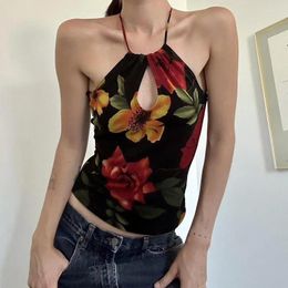 Women's Tanks Cut Out Front Women Sexy Halter Tank Tops Vintage Floral Print Backless Cami Top Y2K Fashion Slim Vest Summer Outfits