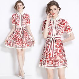 Vintage Printed Mini Casual Dresses Short Sleeve Designer Women Sashes Bow Dresses A-line Fashion Ladies Office Party Resort Street Clothing Frocks Summer 2024