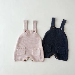Pants 03y Baby Solid Overalls Girl Loose Knitting Sweater Jumpsuit Boy Comfortable Soft Sling Romper Autumn Double Pockets Overalls