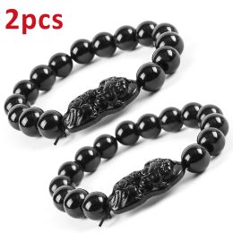 Strands Pixiu Obsidian Black Obsidian Stone Beads Bracelet Good Luck and wealth Chinese Fengshui ancient beast Men Women Bracelets