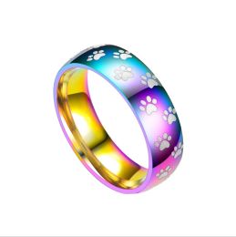 Bands Fashion Cute Dog Cat Paw Rings Jewellery Stainless Steel Wedding Band Rainbow Couple Ring for Women Width 8mm