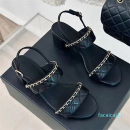 open peep toe women classic summer sandals runway designer leather with metal chain decor outside walking thick sole female sandals