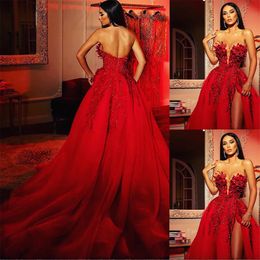 Split Evening Dresses With Train Red Beads A Line Appliqued Prom Gowns Lace Party Dress Robes De Soiree