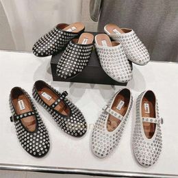 Designer luxury ballet shoes women casual flat sandals slippers round toe rhinestone boat shoes luxurious leather riveted Mary Jane shoes