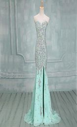 Sweetheart Mermaid Elegant Mint Prom Dresses Side Slit Beaded Silver Stones Evening Gowns Sparkly Sexy Formal Long Pageant Custom 5226214