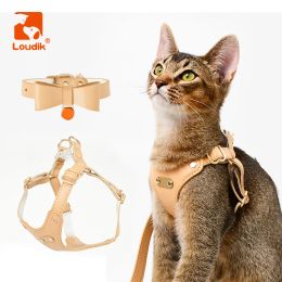 Leads Loudik Luxury Custom Cat Harness Collar Leash Set Laser ID Name Plate Adjustable Soft Leather Small Pet Leads Walking Accessory